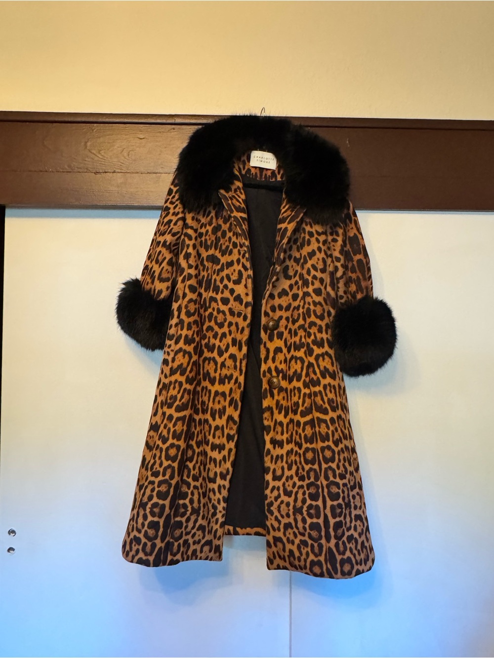 Charlotte Simone Edie Leopard Print Faux Fur Trim Coat - Black & Pink cuffs!